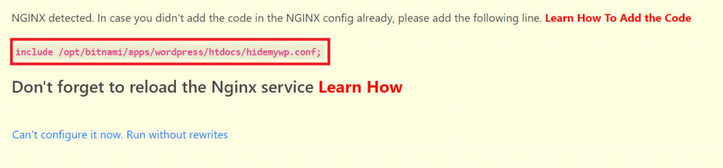 WP Ghost notification showing the hidemywp.conf include directive for Bitnami Nginx server configuration