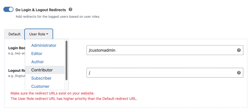 Configure the Redirect on Login and Redirect on Logout URLs based on user role