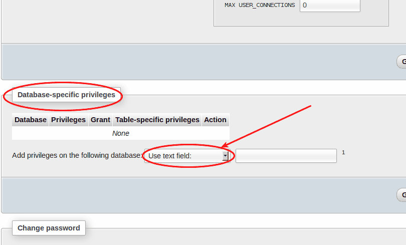 phpMyAdmin Edit Privileges page for the WordPress database user