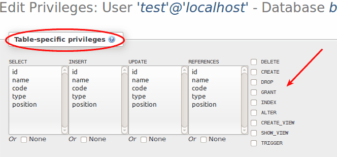 phpMyAdmin table-level privilege settings for fine-grained WordPress database security