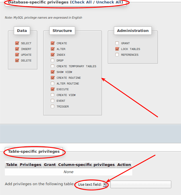 phpMyAdmin database-specific privileges with only the required WordPress permissions checked