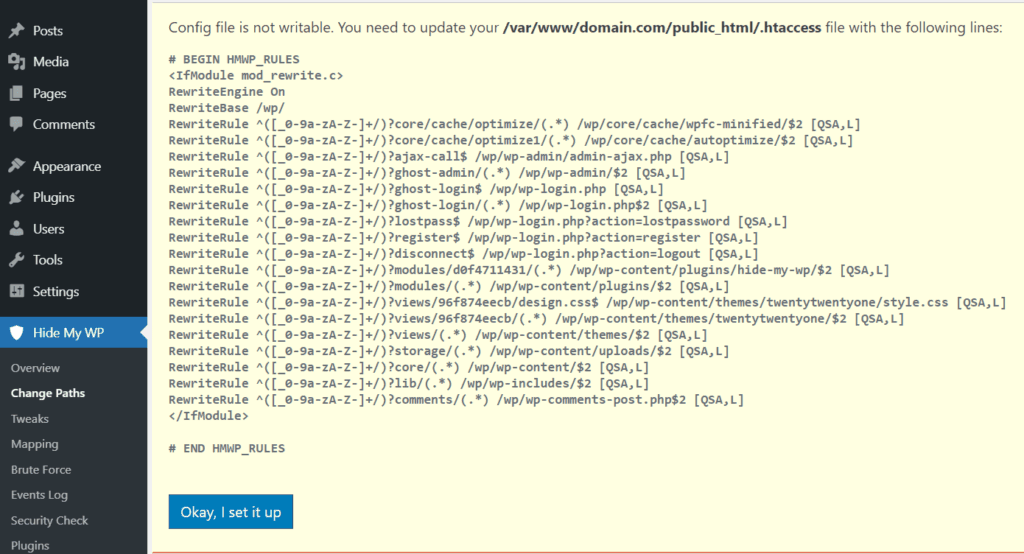 WP Ghost server configuration notification showing rewrite rules to add manually