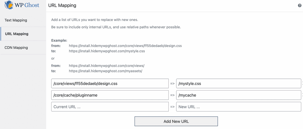 WP Ghost URL Mapping table showing original URL and new URL replacement fields
