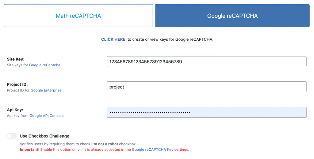 WP Ghost Brute Force settings with Google reCAPTCHA Enterprise selected and Site Key and Secret Key fields