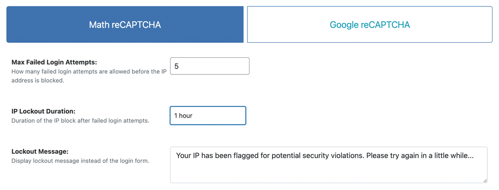 WP Ghost Brute Force settings showing failed attempts, ban duration, and lockout message fields
