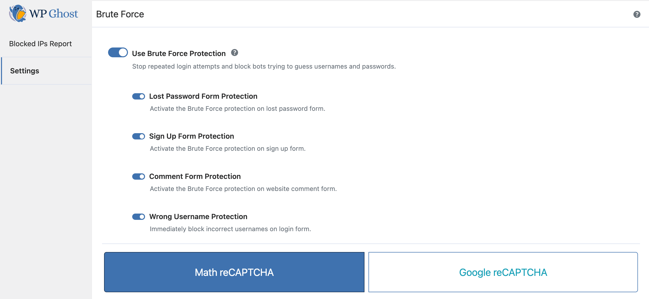 WP Ghost Brute Force Protection enabled with Math reCAPTCHA selected