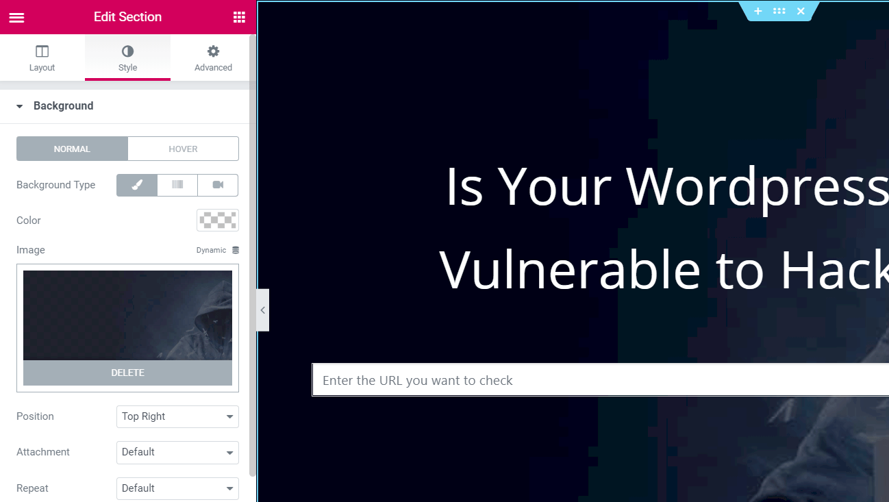 Elementor background image paths showing wp-content/uploads references that need to be hidden