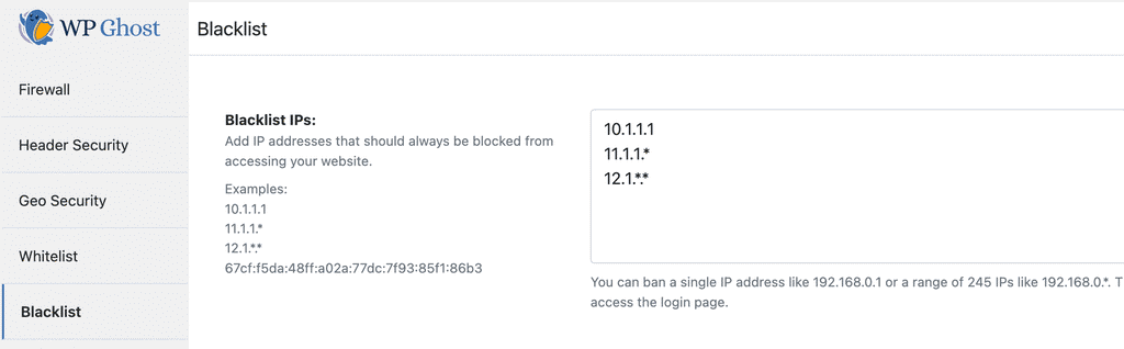 WP Ghost Blacklist panel showing IP, User Agent, Referrer, and Hostname blocking options