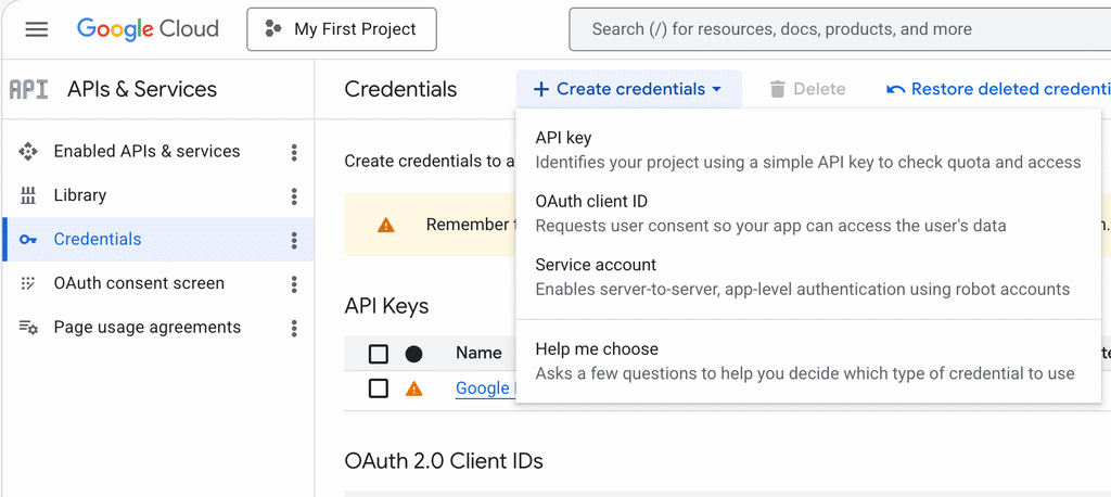 google credentials create new api key