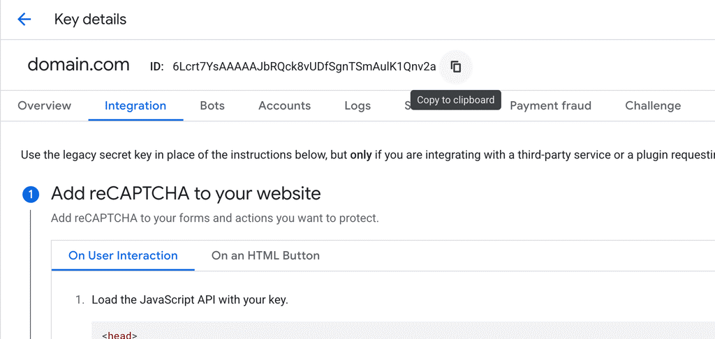 google recpatcha copy site key