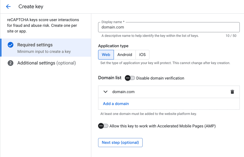 google recaptcha create new key