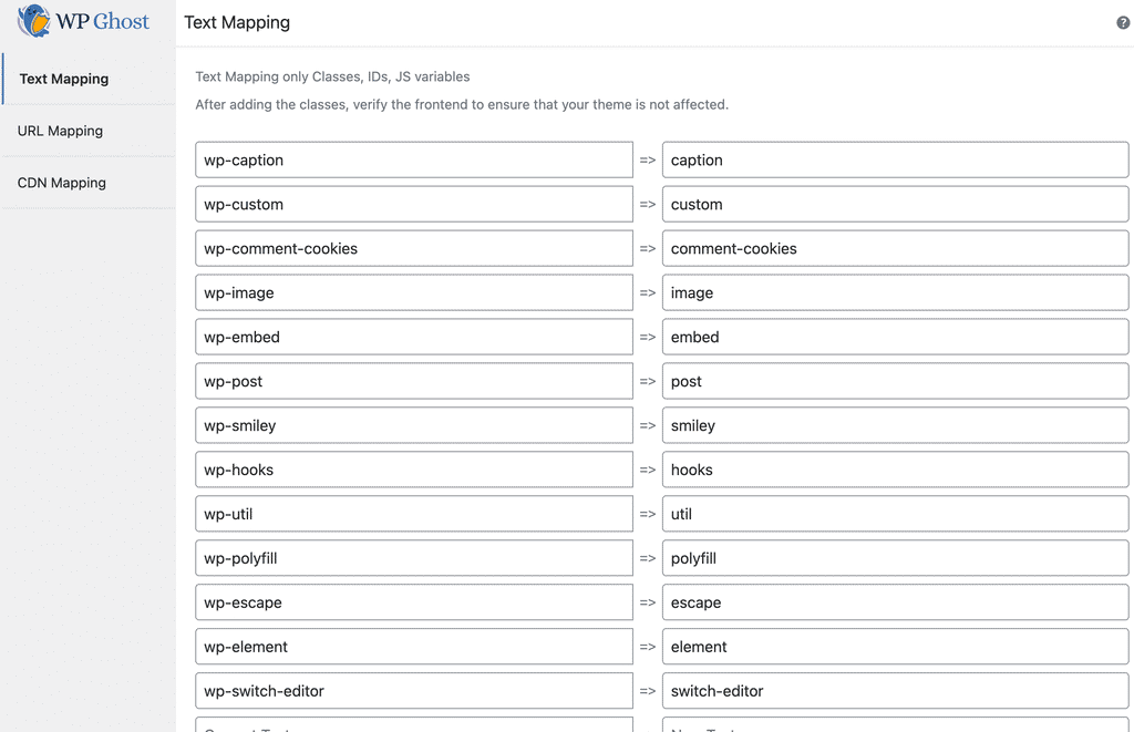 WP Ghost Mapping panel overview showing URL Mapping, Text Mapping, CDN URLs, and Experimental options