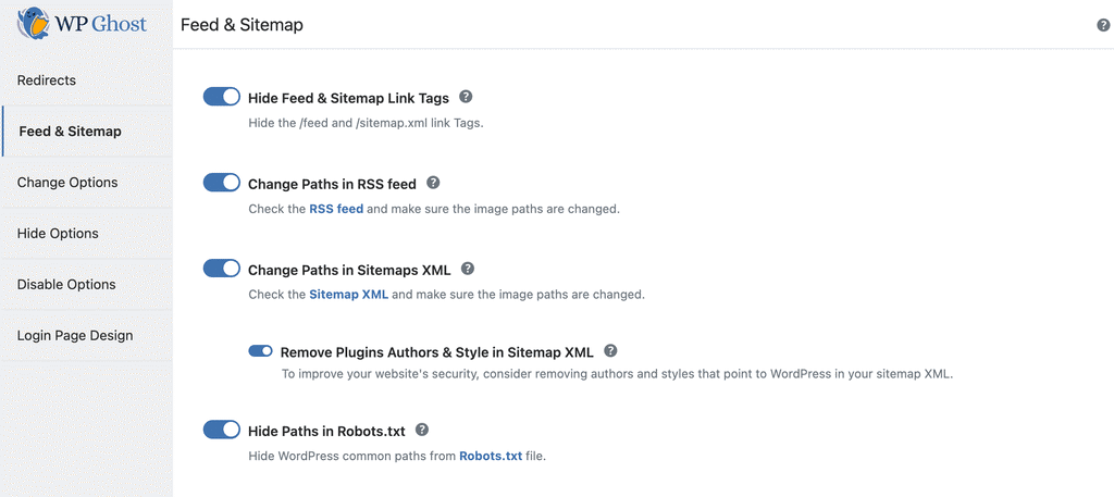 WP Ghost options for changing paths in sitemap, feeds, and robots.txt