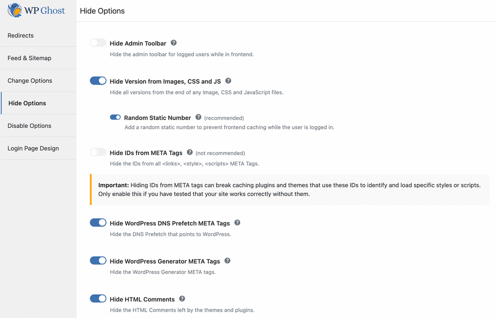 WP Ghost Tweaks and Disable Options panel in WordPress admin