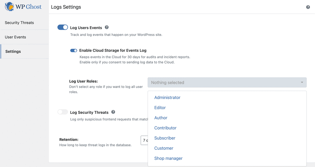 WP Ghost Log User Roles dropdown showing multi-select options for user role monitoring
