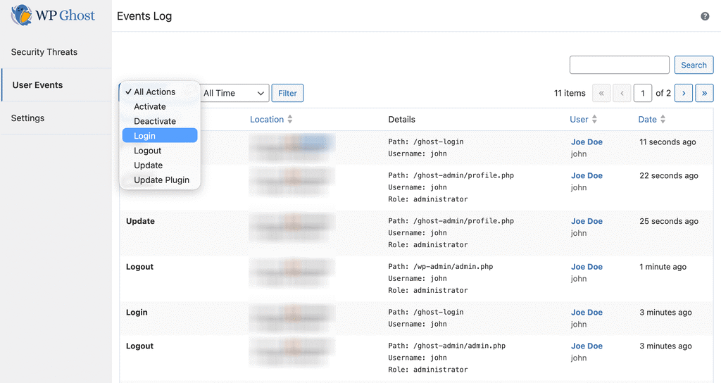 WP Ghost User Events Log report showing IP addresses, action details, and dates for each event