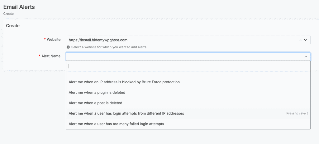 WP Ghost Dashboard Email Alerts panel showing the New Alert creation form