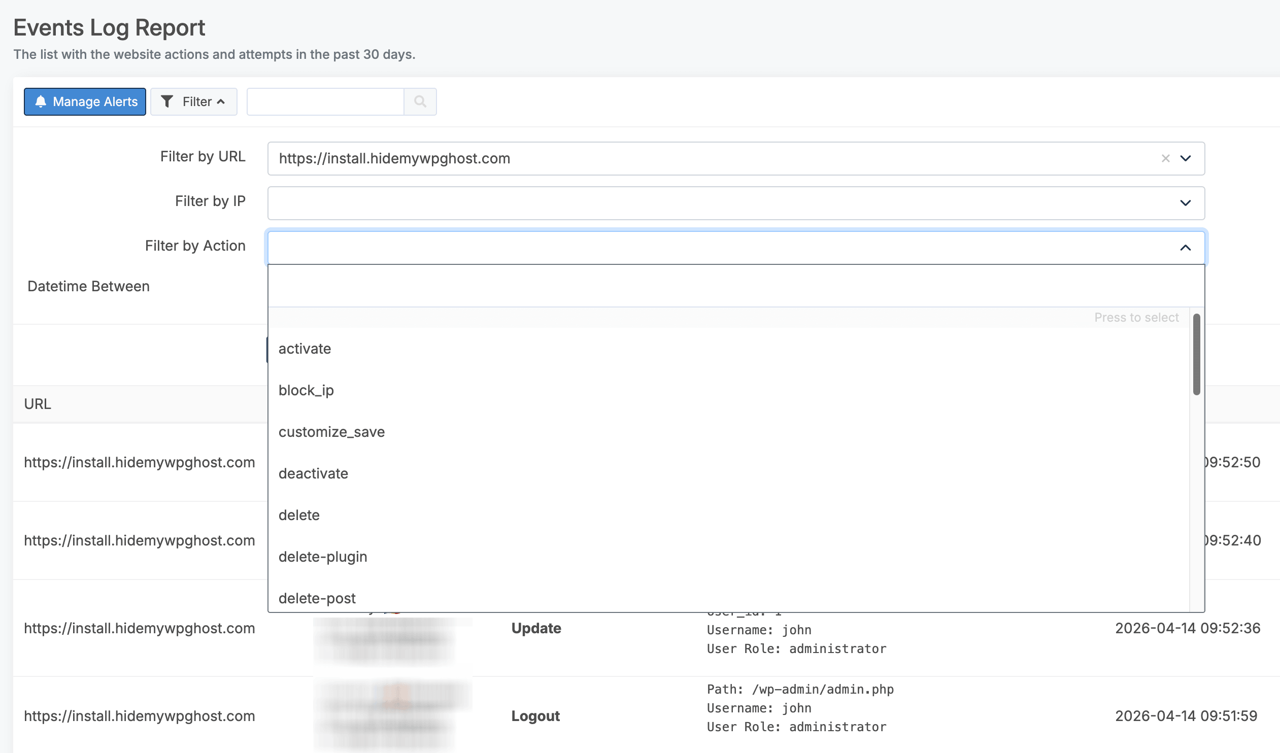 WP Ghost Go to Events Log Panel button that redirects to the cloud dashboard