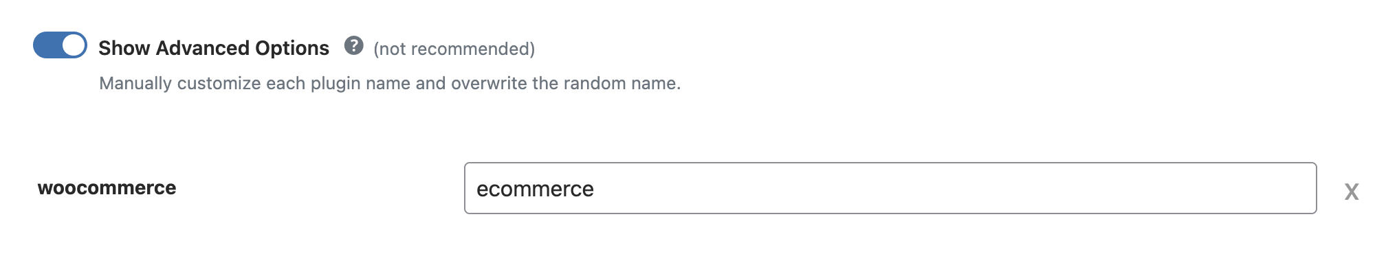 WP Ghost advanced plugin naming showing WooCommerce renamed to a custom name
