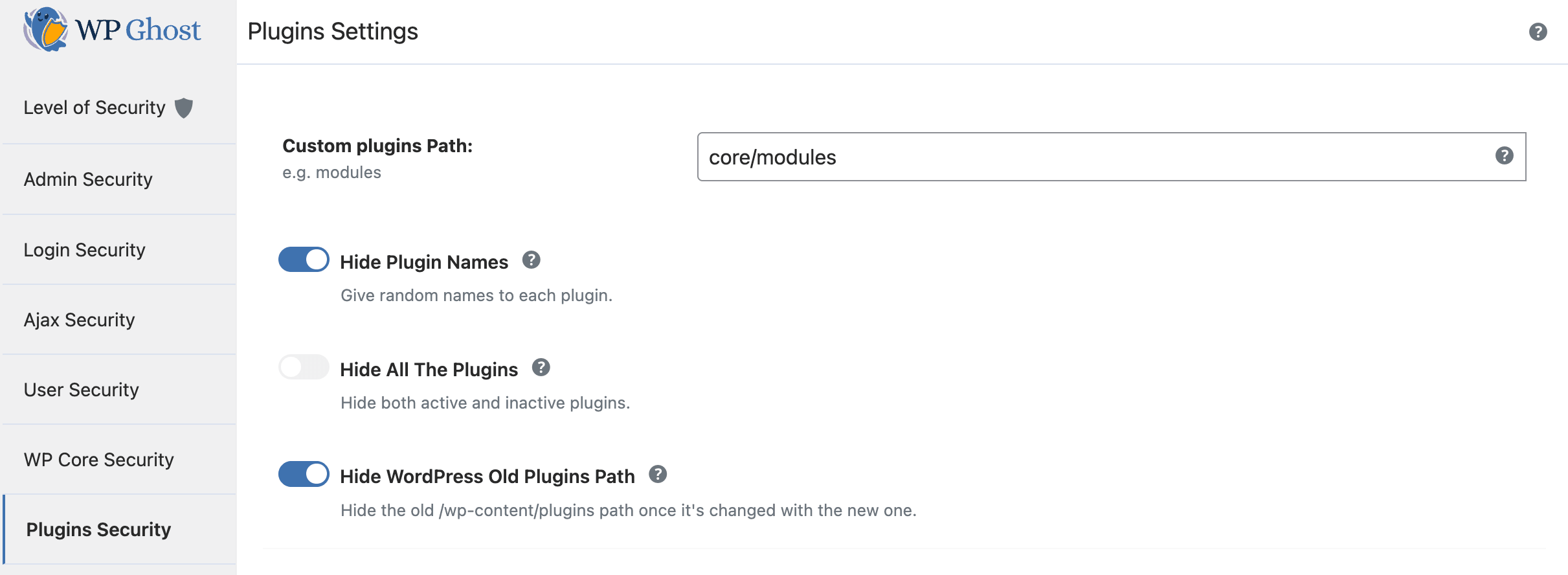 WP Ghost custom plugins path field showing wp-content/plugins changed to modules