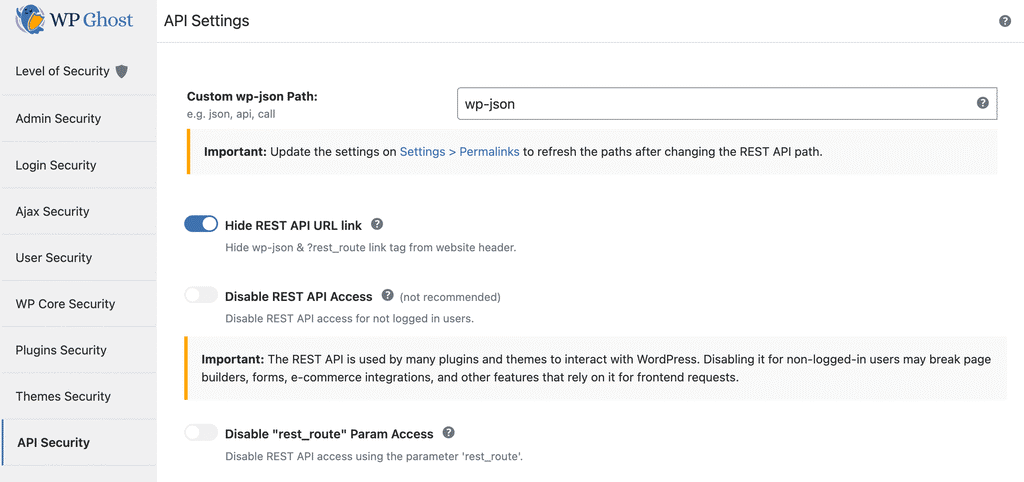 WP Ghost API Security panel showing REST API and XML-RPC security options