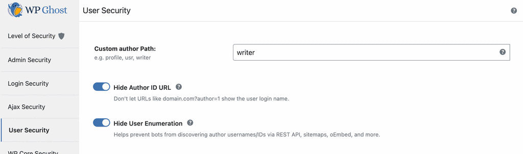 WP Ghost Custom Author Path field in User Security settings