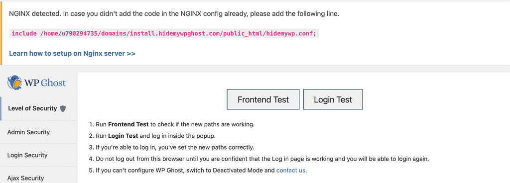 WP Ghost notification showing the hidemywp.conf include directive for Nginx server configuration