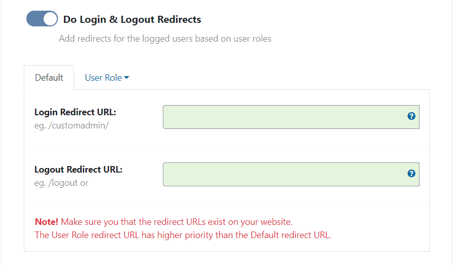 WP Ghost login and logout redirect settings showing Default and User Role tabs