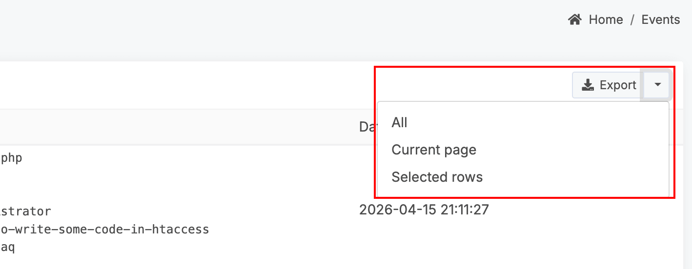 WP Ghost Dashboard Events Log cloud report showing URL, IP, action details, and date filters