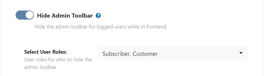 WP Ghost Hide Admin Toolbar toggle with user role selection dropdown