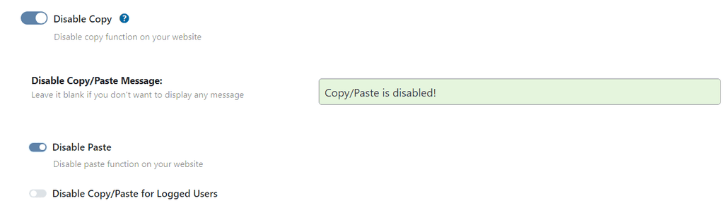 WP Ghost Disable Copy and Disable Paste toggles for content protection
