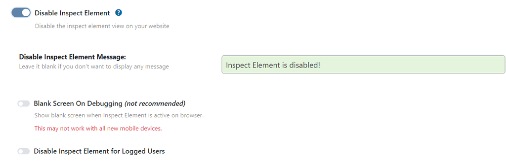 WP Ghost Disable Inspect Element toggle with keyboard shortcut blocking