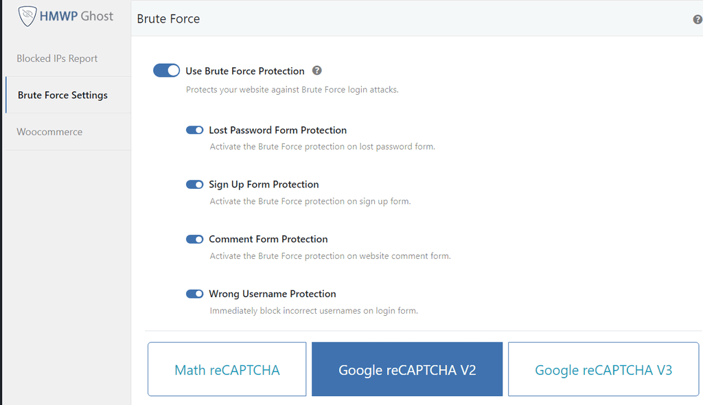 WP Ghost Brute Force panel showing the Use Brute Force Protection toggle and all protection options