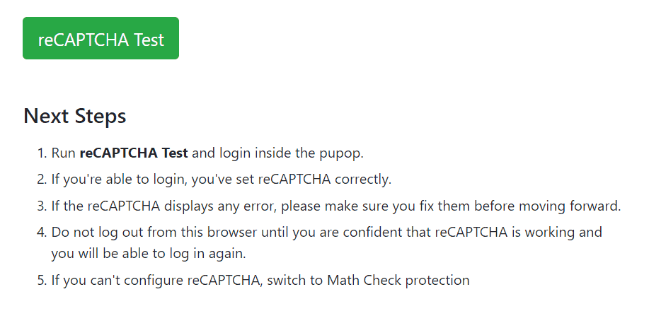 WP Ghost reCAPTCHA Test button to verify login works correctly with the CAPTCHA enabled