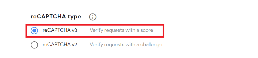 Google reCAPTCHA admin console showing reCAPTCHA v3 type selection
