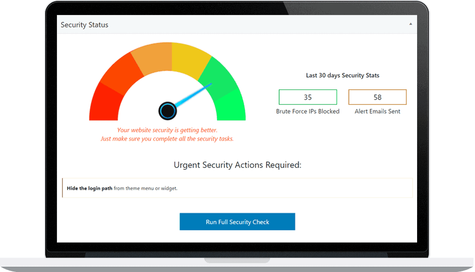 WP Ghost Security Check showing security optimization score and task list