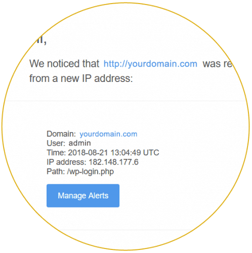 WP Ghost email alert example showing event details including user, action, and IP address