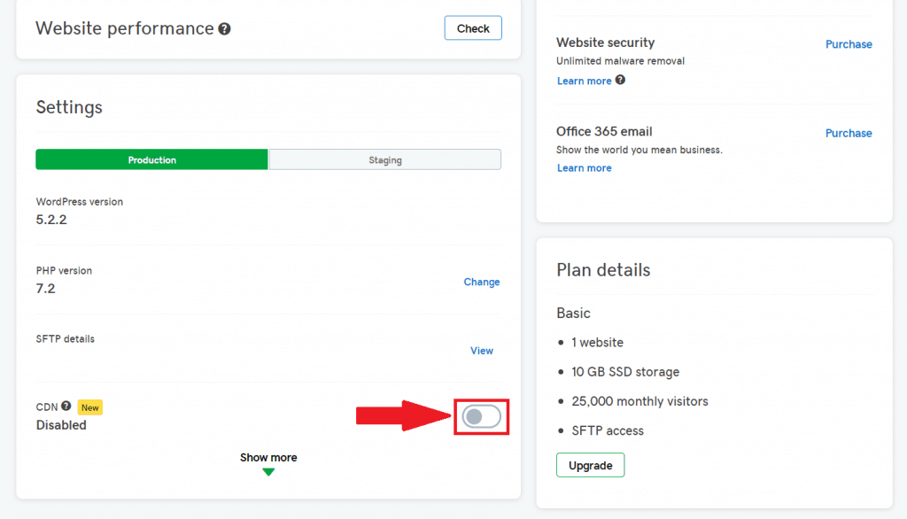GoDaddy CDN toggle switched off in Managed WordPress settings