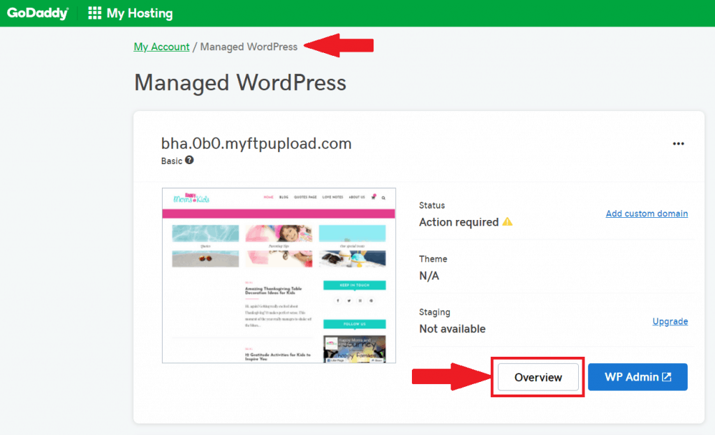 GoDaddy Managed WordPress Overview dashboard