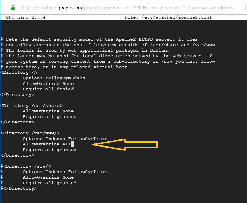 Apache configuration file showing AllowOverride All in the Directory block