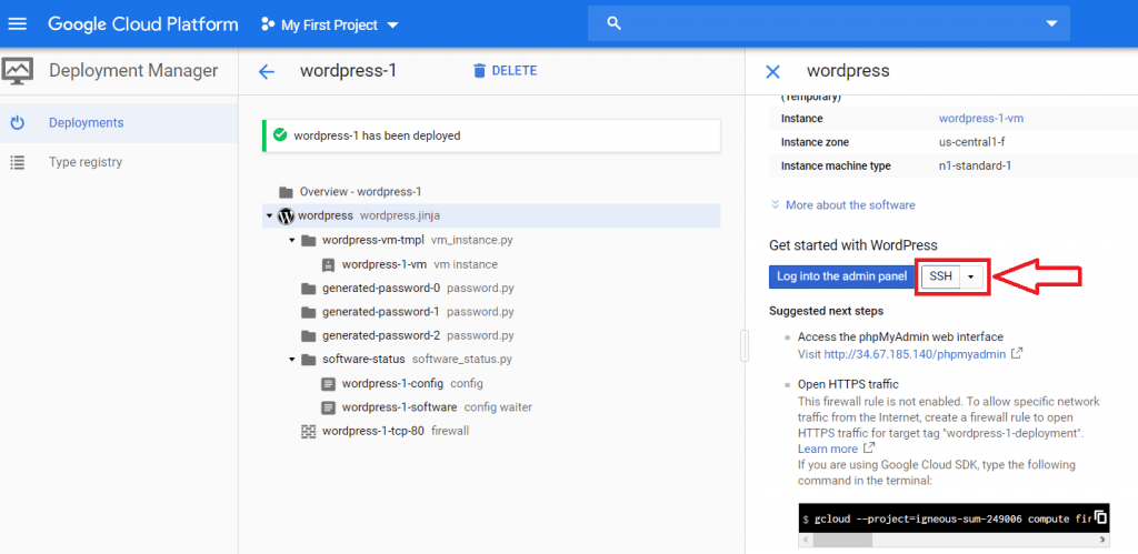 Google Cloud Console showing the SSH button to connect to the VM instance