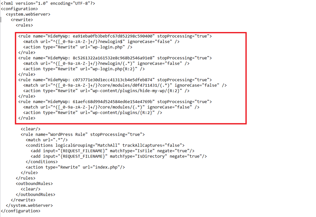 web.config file with WP Ghost rewrite rules added inside system.webServer section