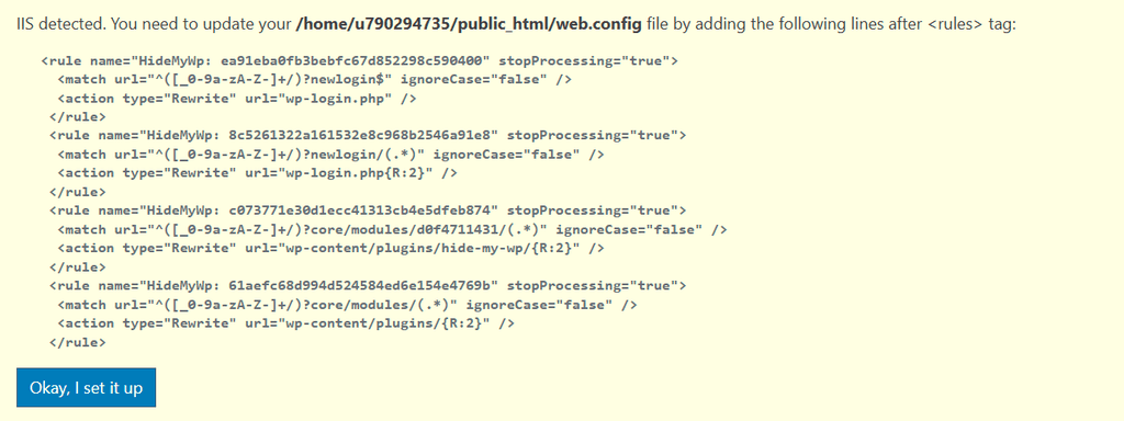 WP Ghost notification showing rewrite rules to add to web.config