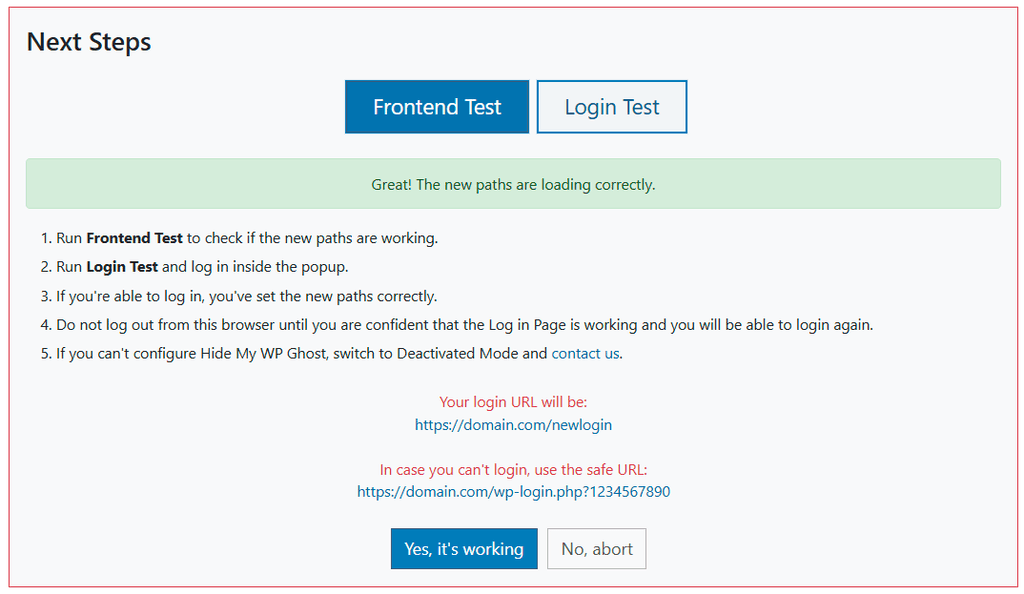 WP Ghost Frontend Test dialog with Yes it's working and No abort options on IIS