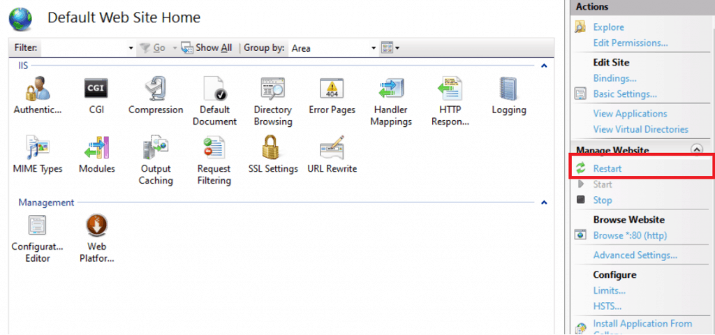 IIS Manager showing the Restart button in the Actions pane
