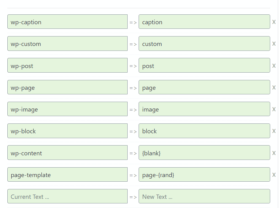 WP Ghost Text Mapping demo showing recommended WordPress class name mappings