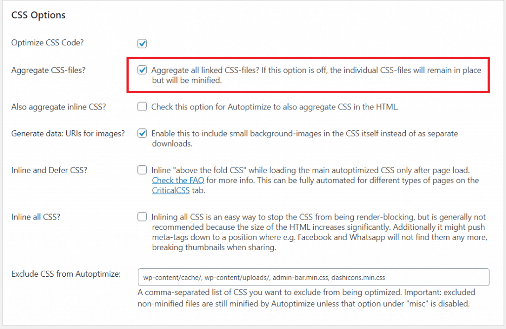 Autoptimize CSS optimization settings with Aggregate CSS option
