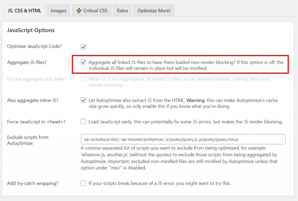 Autoptimize JavaScript optimization settings with Aggregate JS option