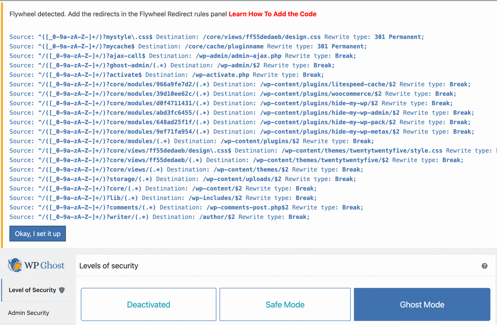 WP Ghost displaying Flywheel redirect rules to copy into the Flywheel Redirect tool