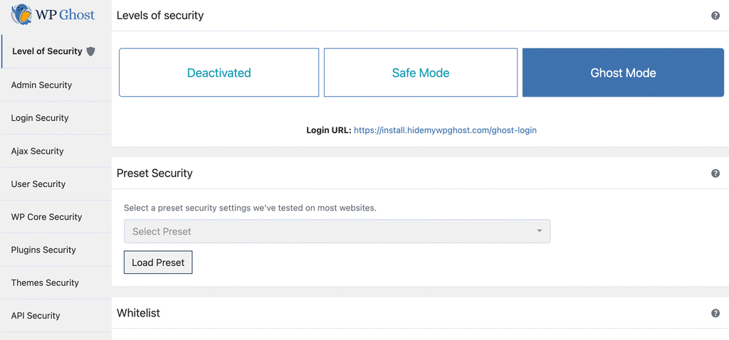 WP Ghost Change Paths settings showing Safe Mode and Ghost Mode options